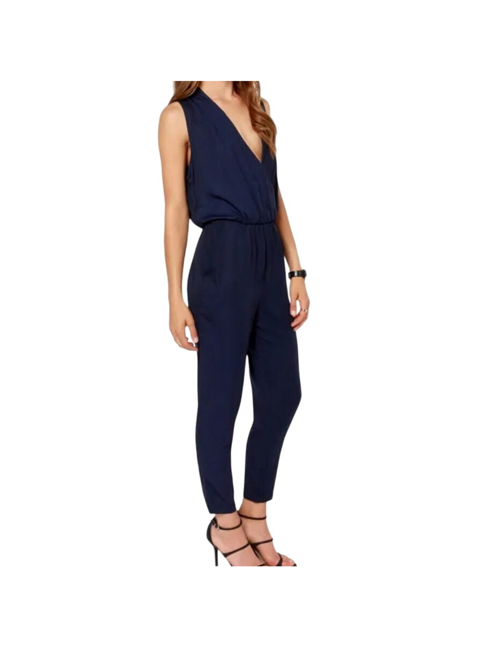 Aryn K Sleeveless Navy Jumpsuit M Blue Silky Slit Back Event Club Feminine Chic